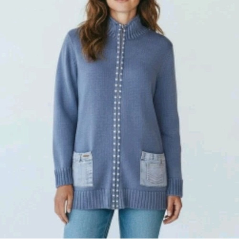 Quacker Factory Sweater Womens Size M Medium Blue Zip Jeweled Jean‎ Pocket Knit